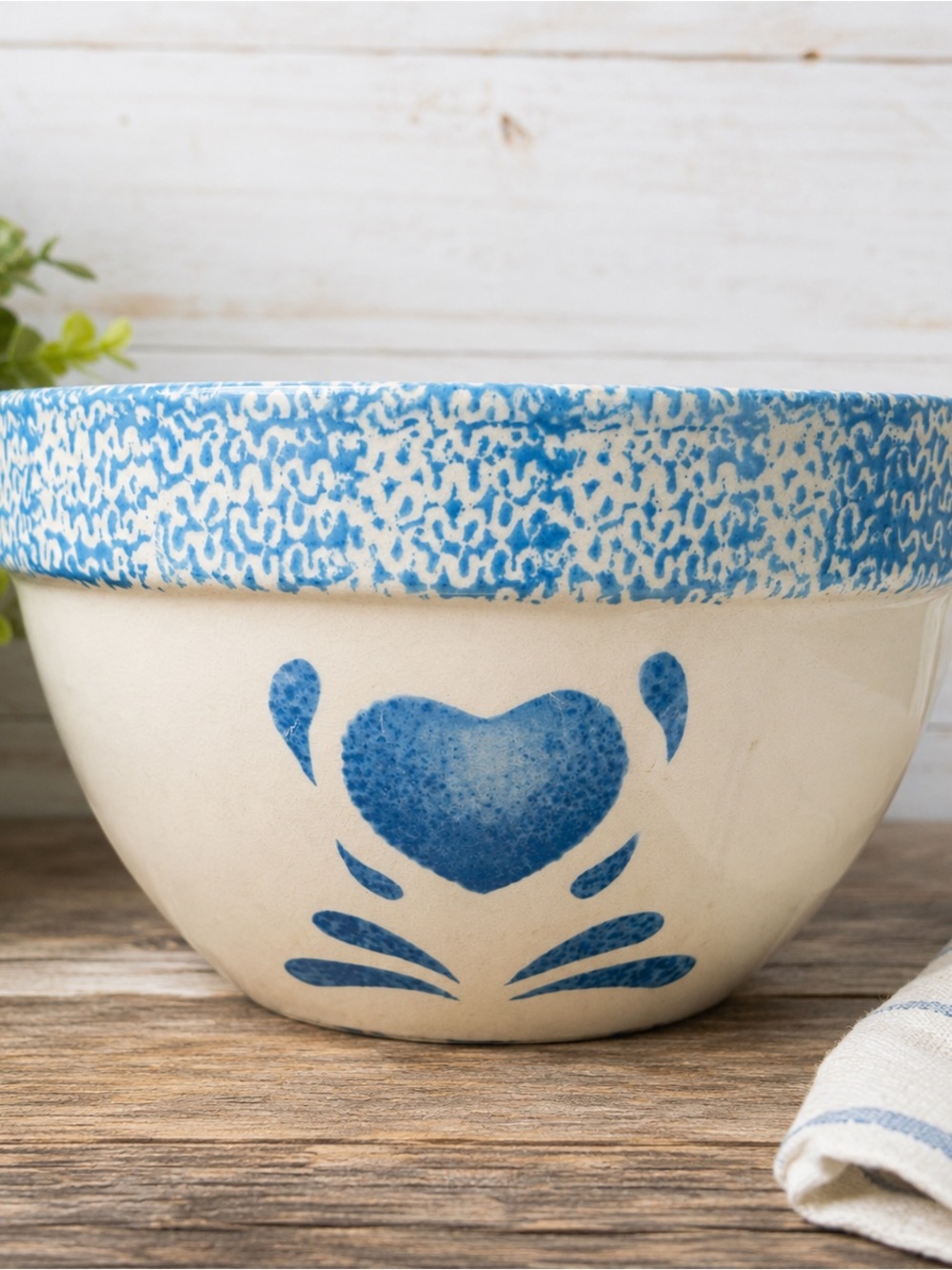 Vintage Blue Heart Ceramic Mixing Bowl